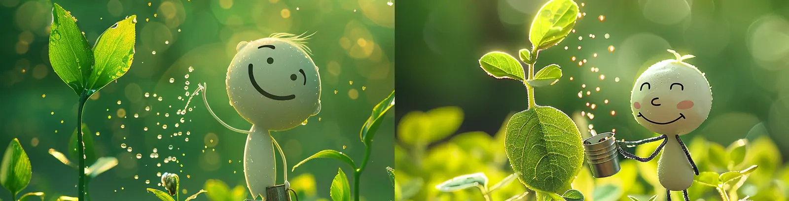 创意绿色春天卡通微笑线条纸片人物浇花场景插图摄影海报midjourney关键词咒语