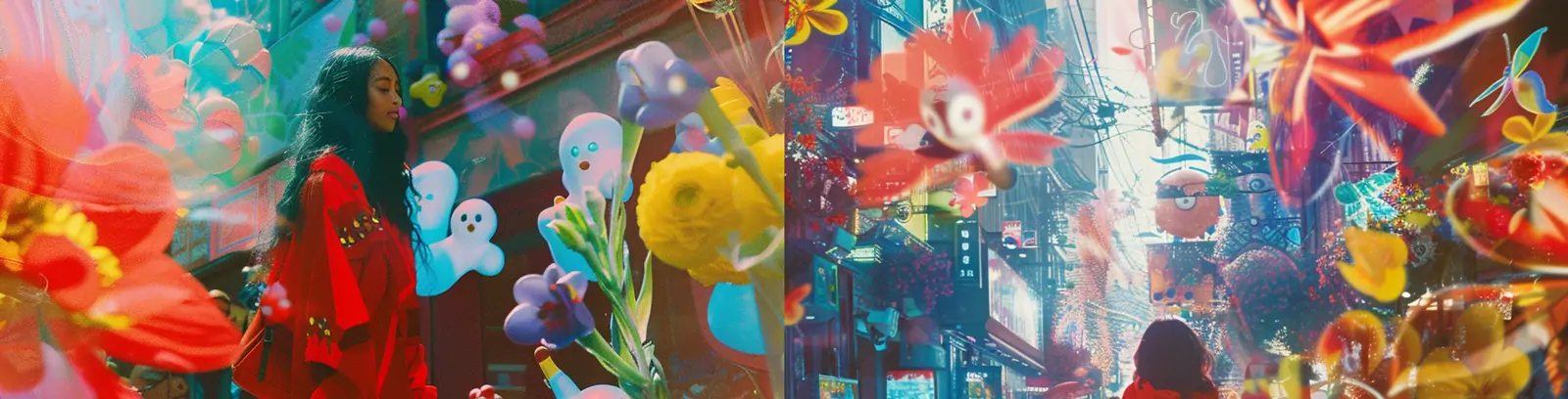 创意红色服装女孩人物街道线条涂鸦鲜花卡通人物场景插图海报midjourney关键词咒语