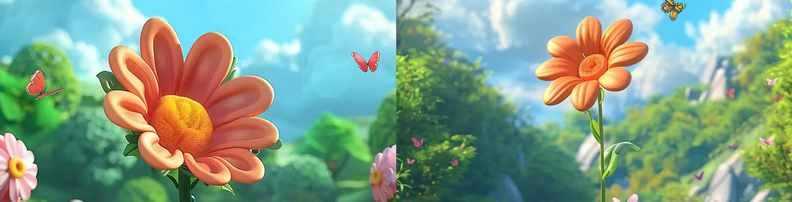 3D立体可爱卡通儿童春天鲜花草地蝴蝶蓝天白云场景插图海报背景midjourney关键词咒语