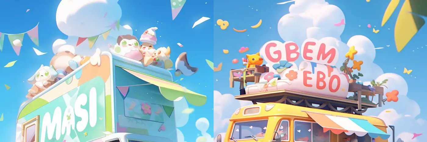 汽车移动小卖部商店卡通插图插画Midjourney关键词提示词咒语