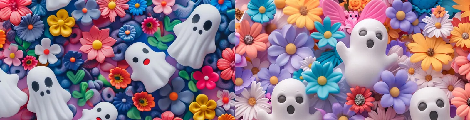 3D立体彩色可爱幽灵鲜花粘土风格图案背景midjourney关键词咒语