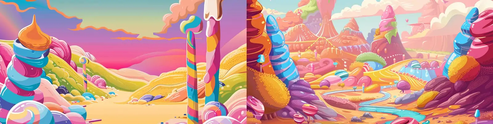 彩色手绘卡通糖果天空峡谷云朵河流风暴矢量插图海报midjourney关键词咒语