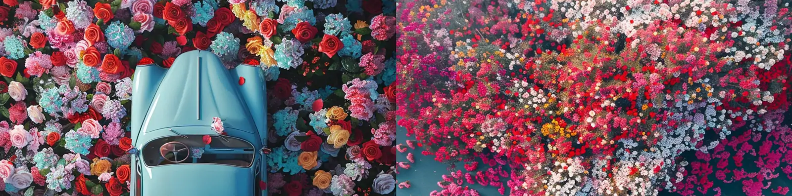 创意蓝色敞篷车汽车彩色鲜花玫瑰花漂浮艺术摄影海报midjourney关键词咒语
