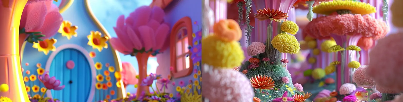 创意卡通微观世界鲜花迷宫毛毡风格场景特写摄影海报midjourney关键词咒语