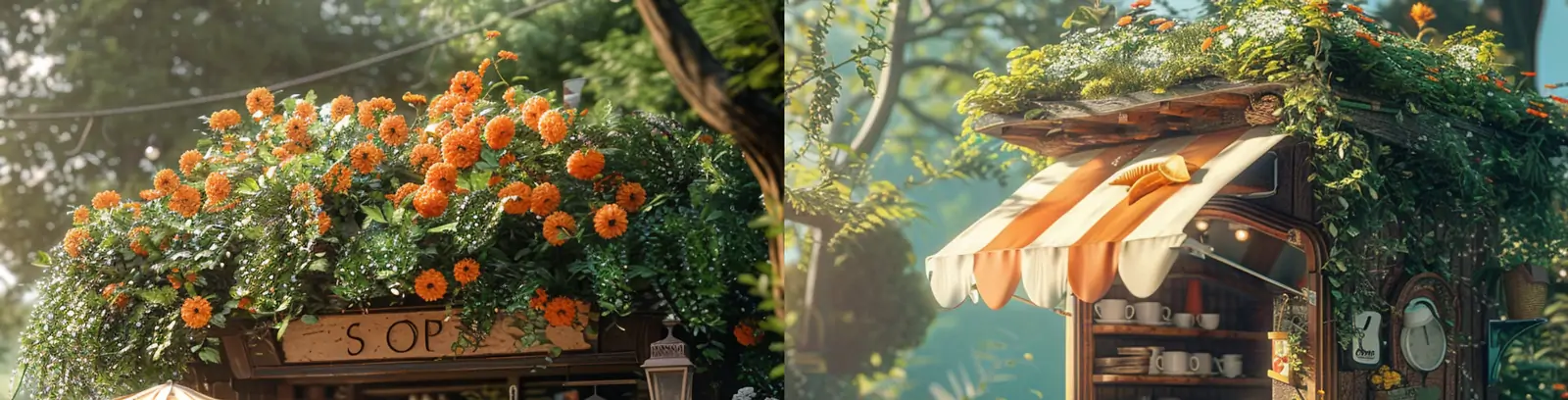 创意复古商店咖啡店遮阳伞邮箱自行车鲜花植物森林场景摄影海报midjourney关键词咒语