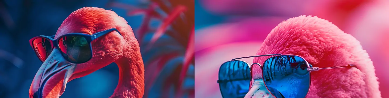创意霓虹复古粉红色火烈鸟戴墨镜动物特写摄影海报midjourney关键词咒语