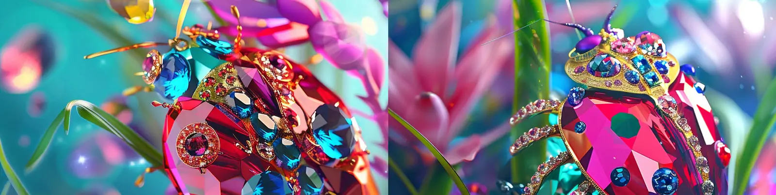 超现实主义透明水晶宝石昆虫动物七星瓢虫机械模型摄影海报midjourney关键词咒语