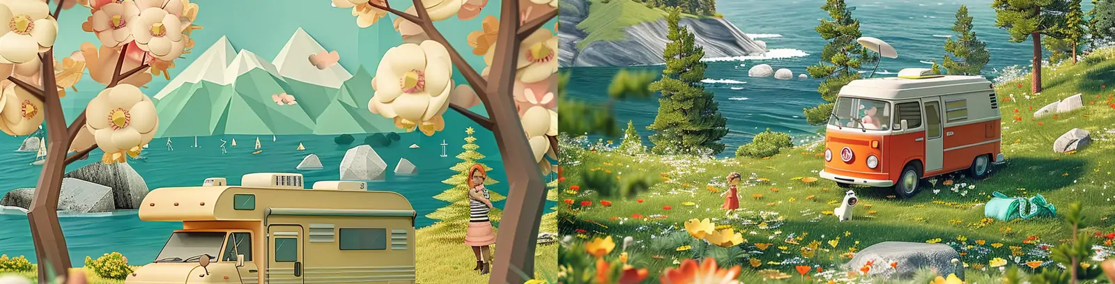 手绘梦幻春天卡通房车旅行踏青海边蓝天白云视觉场景插图海报midjourney关键词咒语