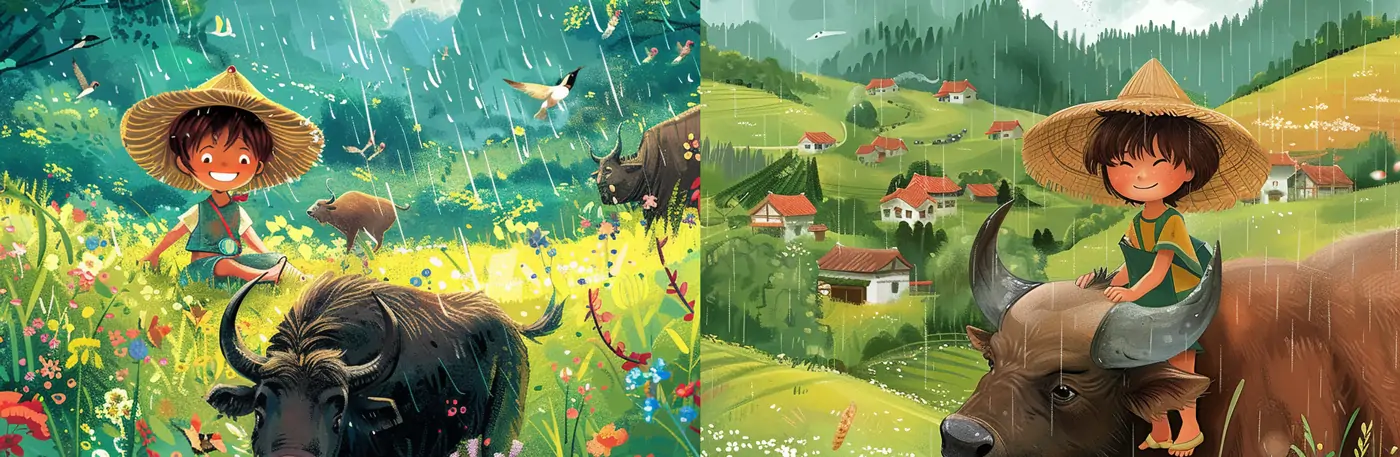 儿时怀旧牧童放牛场景插图midjourney关键词提示词咒语