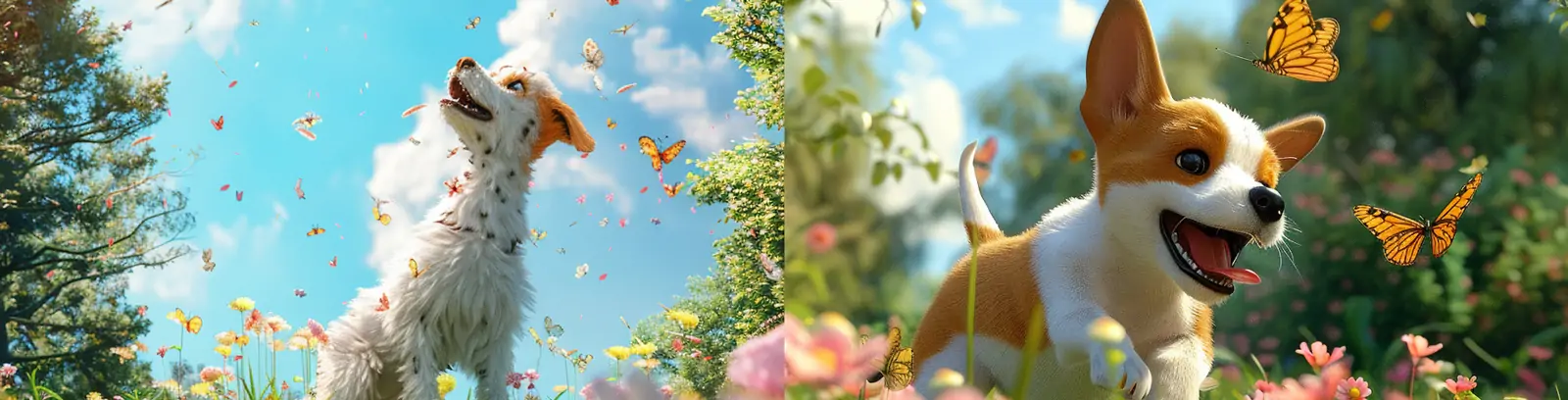 可爱卡通春天森林公园鲜花植物狗狗捉蝴蝶动画场景插图海报midjourney关键词咒语