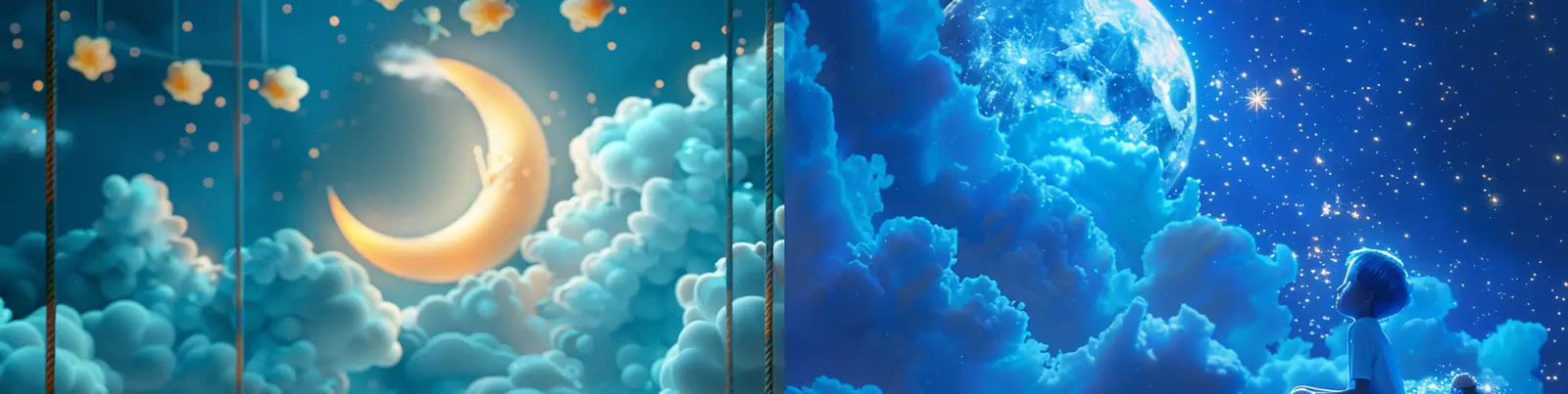 3D卡通皮克斯梦幻儿童睡眠月亮云朵动画场景空间海报背景midjourney关键词咒语