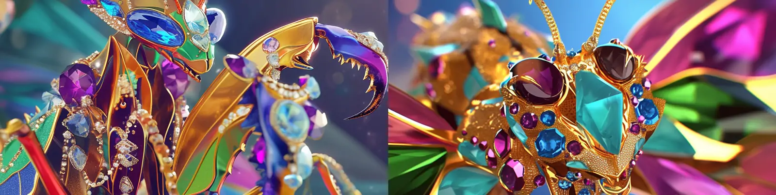 超现实主义透明水晶宝石昆虫动物螳螂机械模型摄影海报midjourney关键词咒语