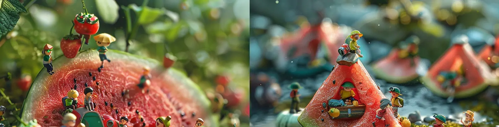 创意奇妙卡通人物西瓜露营微观世界场景模型海报midjourney关键词咒语