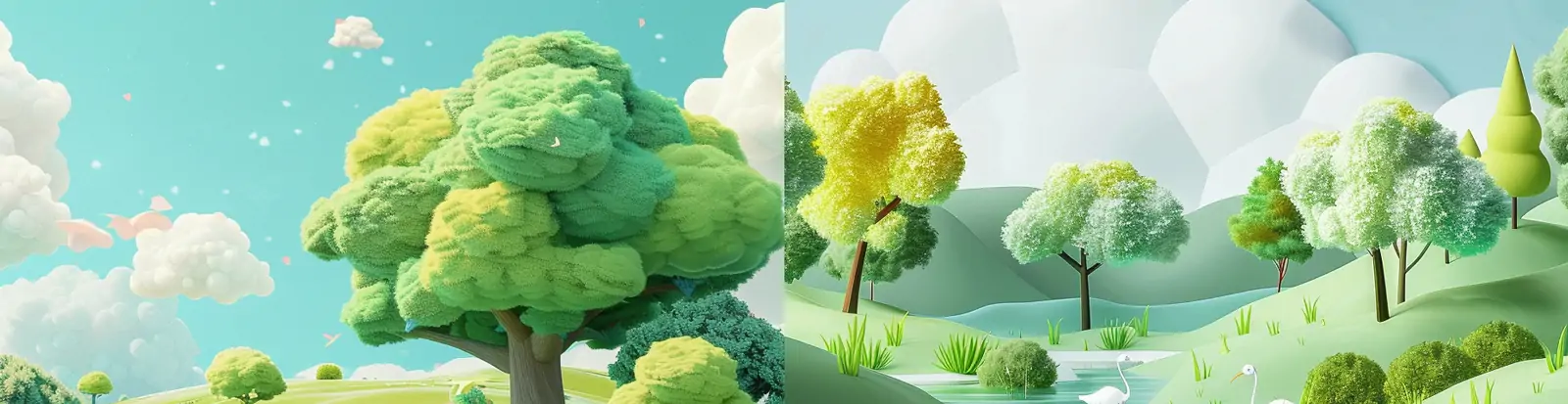 极简主义3D卡通春天蓝天白云草地梦想场景插图海报midjourney关键词咒语