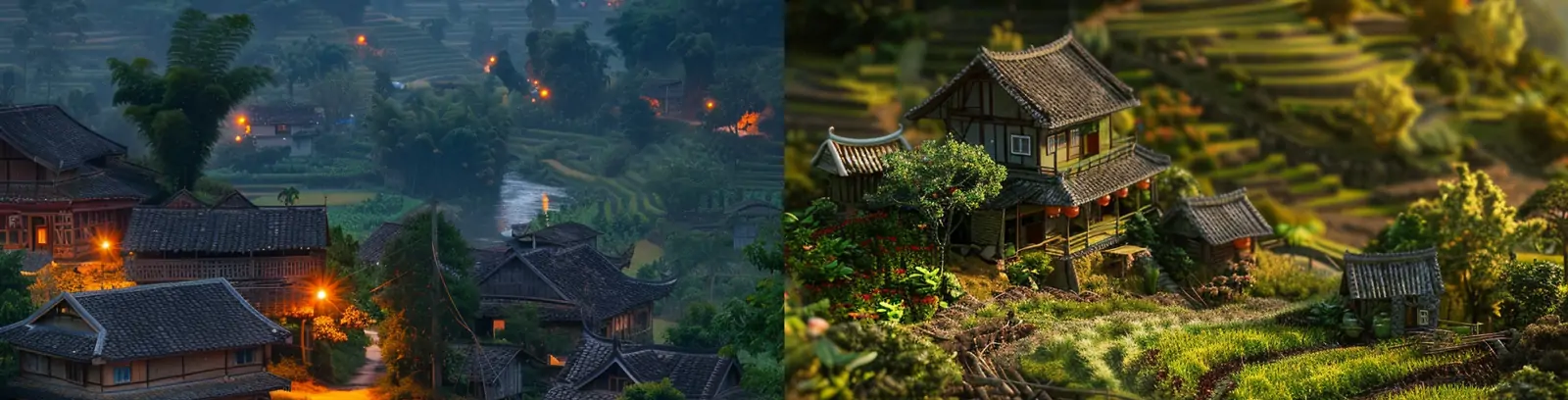 自然田园乡村夜晚房屋建筑稻田弯曲小路河流微型世界场景海报midjourney关键词咒语