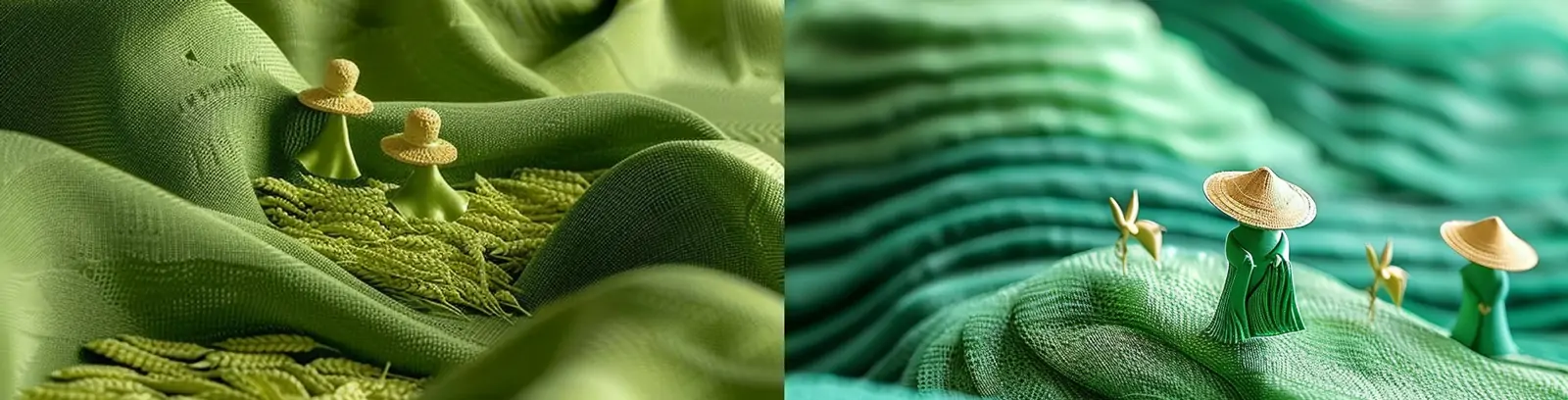创意绿色针织缎面丝绸植物绿色麦田波浪草帽人物微观世界场景海报midjourney关键词咒语