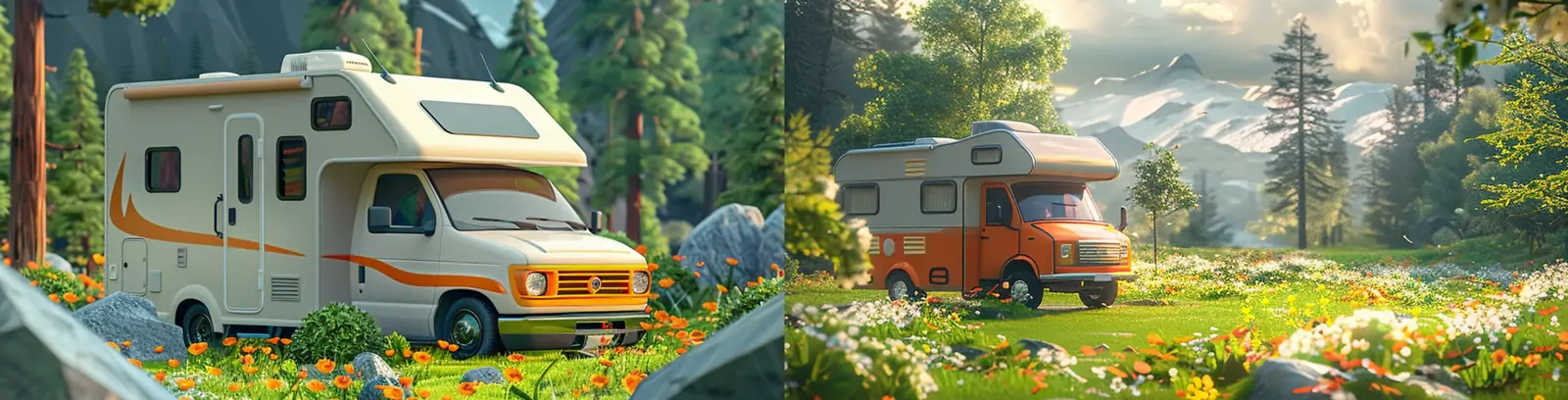 手绘梦幻春天卡通房车旅行踏青海边蓝天白云视觉场景插图海报midjourney关键词咒语