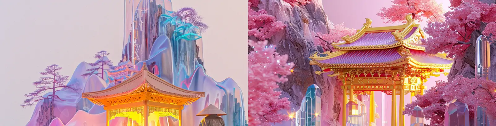 中国风彩色透明水晶山水亭台阁楼建筑场景插图海报midjourney关键词咒语