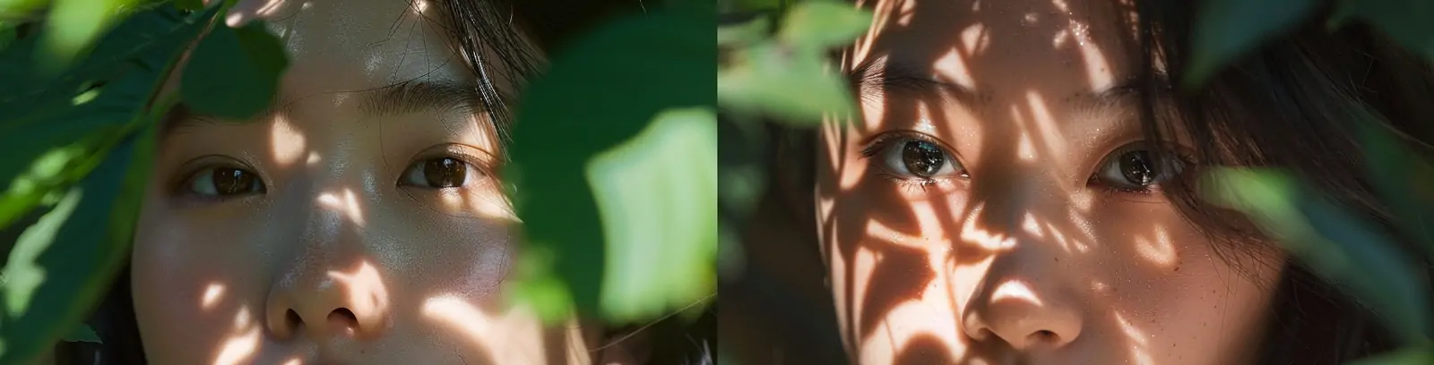 亚洲女孩斑驳阳光透过树叶光影青春活力自然美艺术写真摄影midjourney关键词咒语