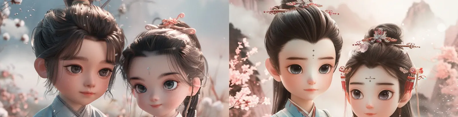 3D立体卡通中国风传统汉服男孩女孩人物情侣插图海报midjourney关键词咒语