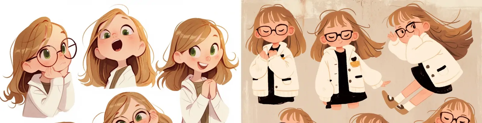 手绘可爱卡通金发戴眼镜女孩动作表情姿势插图绘画midjourney关键词咒语