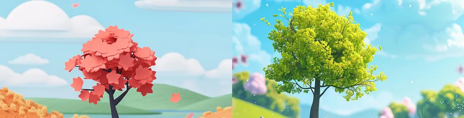 极简主义3D卡通春天蓝天白云草地梦想场景插图海报midjourney关键词咒语