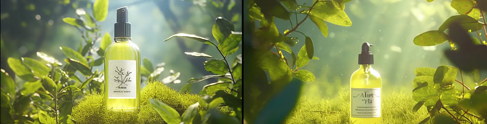 绿色自然草地阳光化妆品护肤品精油精华场景产品摄影广告海报midjourney关键词咒语