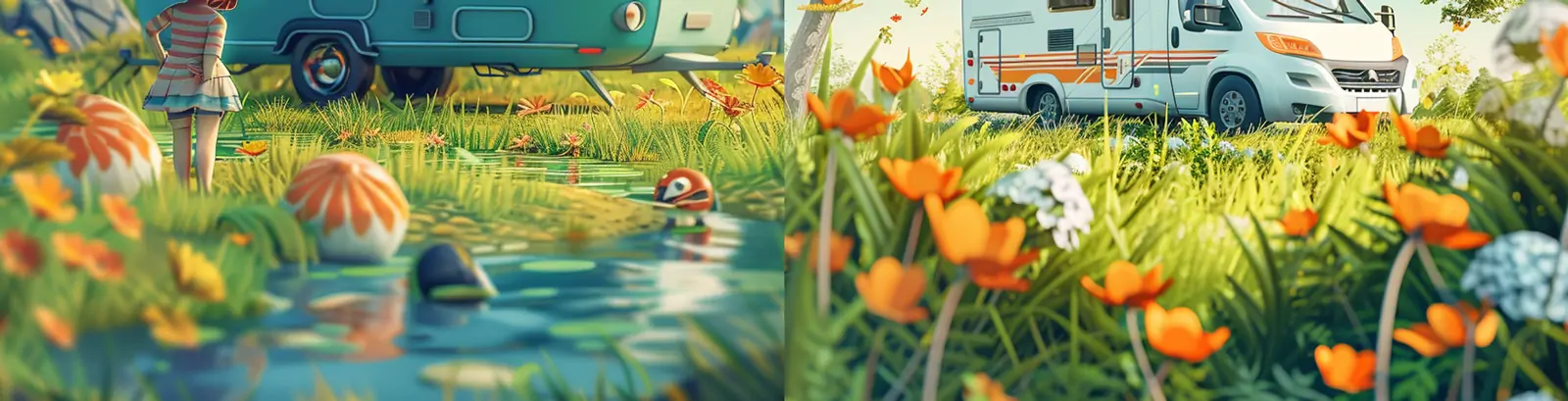 手绘梦幻春天卡通房车旅行踏青自然风景视觉场景插图海报midjourney关键词咒语