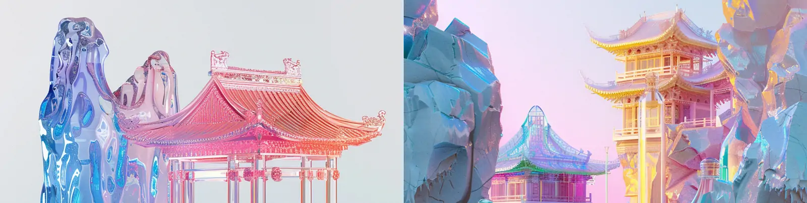 中国风彩色透明水晶山水亭台阁楼建筑场景插图海报midjourney关键词咒语