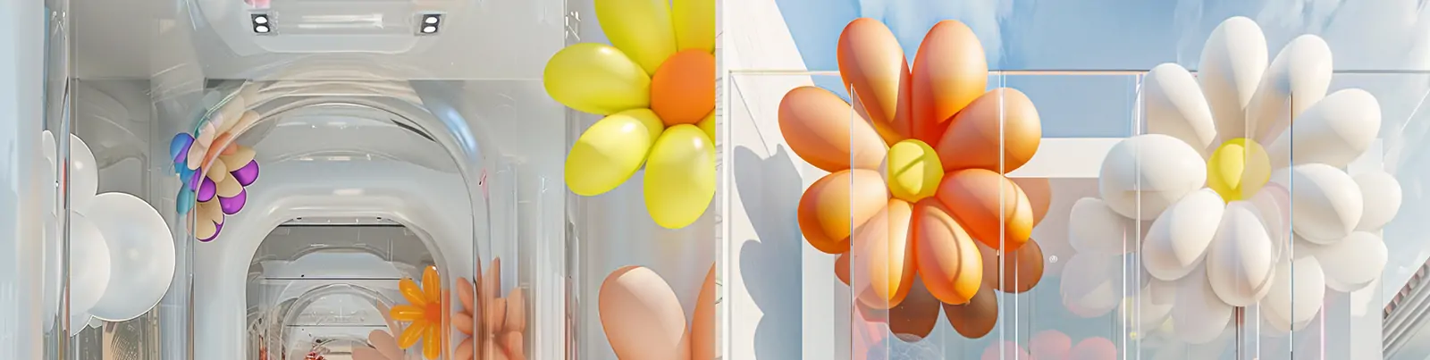 未来主义透明玻璃彩色鲜花气球商店现代建筑设计海报midjourney关键词咒语