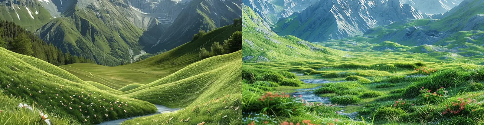 绿色春天自然生态环境山水草地山脉雪山草原风景场景摄影海报midjourney关键词咒语