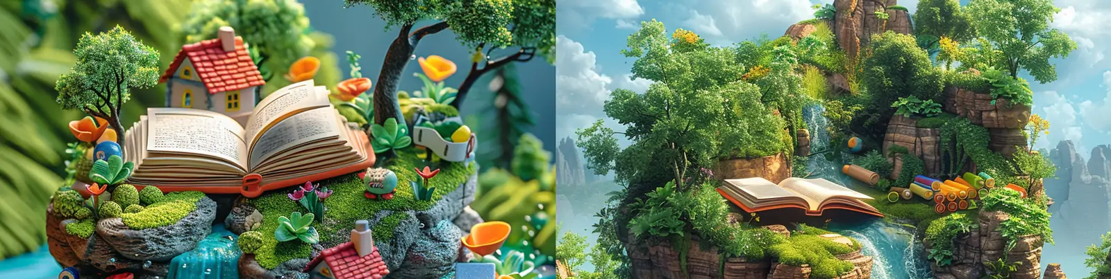 创意绿色自然河流小岛鲜花植物书籍阅读学习梦幻动画场景插图海报midjourney关键词咒语