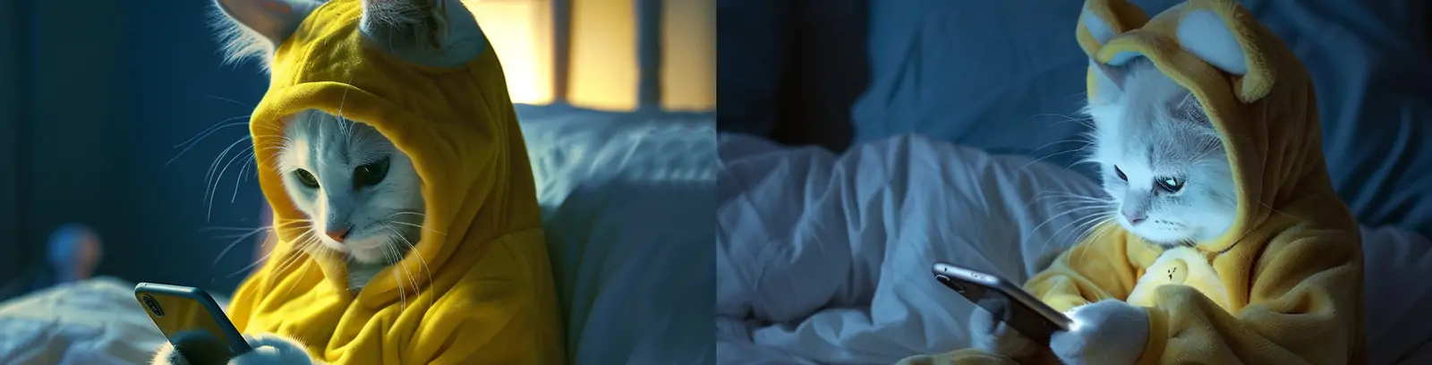 创意可爱猫咪躺在床上看手机拟人化场景摄影海报midjourney关键词咒语