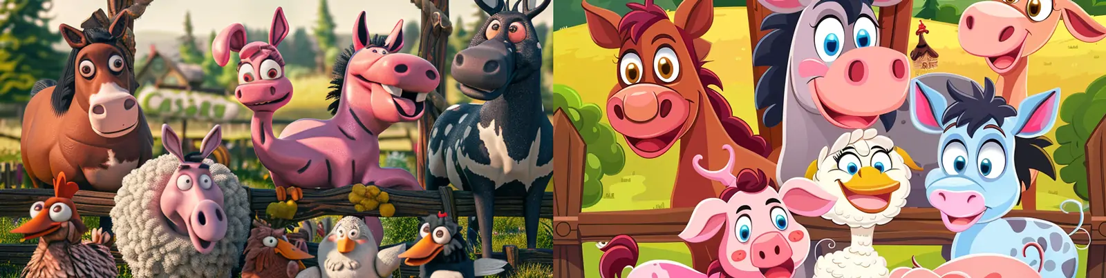 手绘3D立体卡通动物欢乐农场动画片场景插图海报midjourney关键词咒语