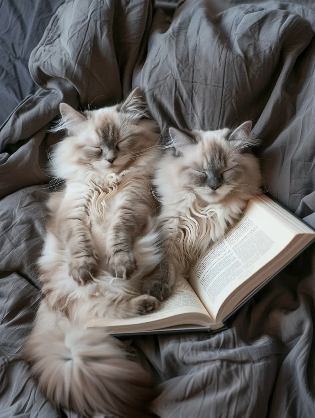 两只可爱胖乎乎猫咪睡在床上读书俯视艺术摄影海报midjourney关键词咒语 - Ai宇宙吧--Ai宇宙吧-