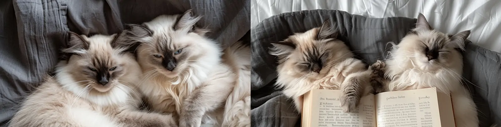 两只可爱胖乎乎猫咪睡在床上读书俯视艺术摄影海报midjourney关键词咒语