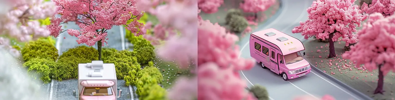 创意春天粉色樱花房车旅行公路鸟瞰图微观世界场景海报midjourney关键词咒语