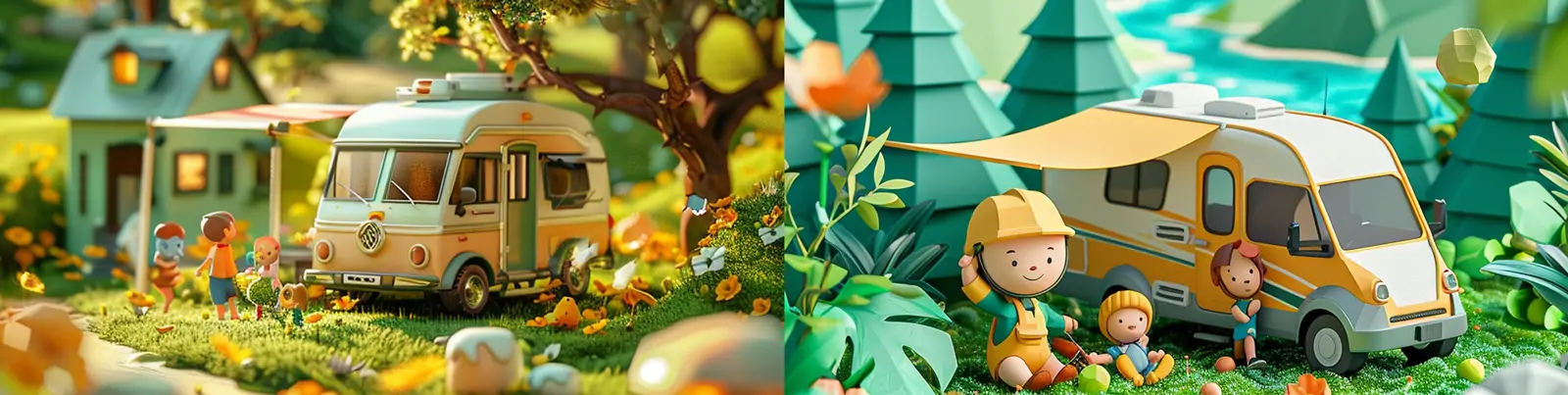 手绘梦幻春天卡通房车旅行踏青山川河流自然风景视觉场景插图海报midjourney关键词咒语