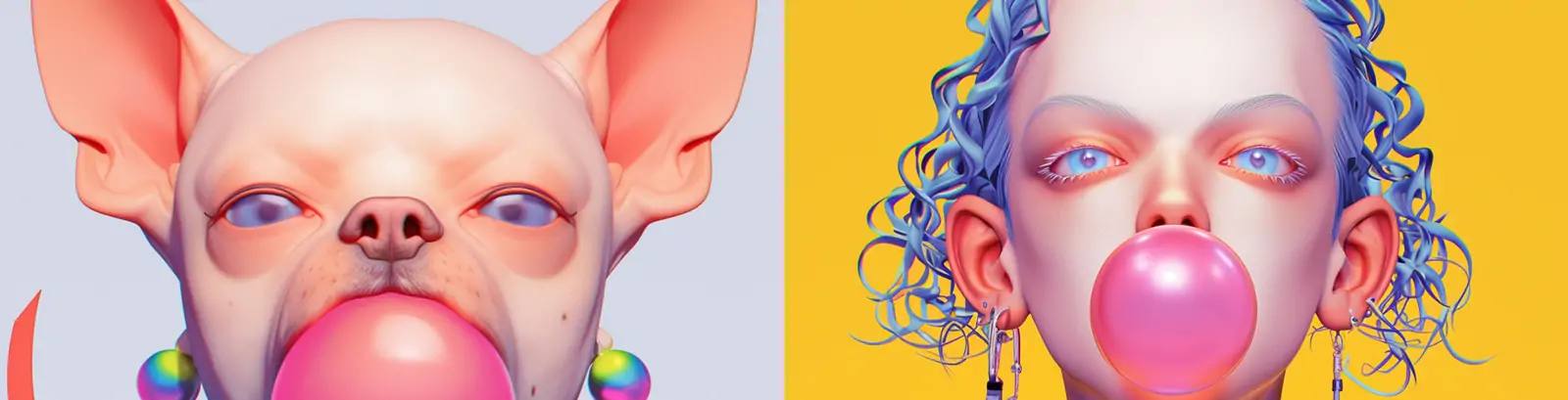 创意时尚潮流嘻哈吹泡泡糖的狗狗拟人化人物头像摄影海报midjourney关键词咒语