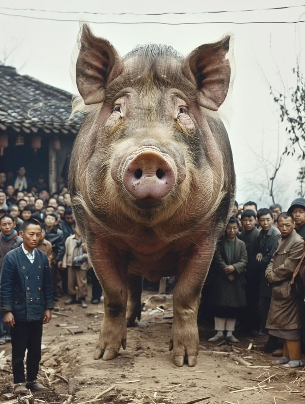 创意复古中国农村巨型动物猪摄影海报midjourney关键词咒语 - Ai宇宙吧--Ai宇宙吧-