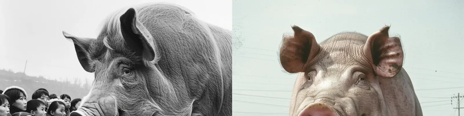 创意复古中国农村巨型动物猪摄影海报midjourney关键词咒语