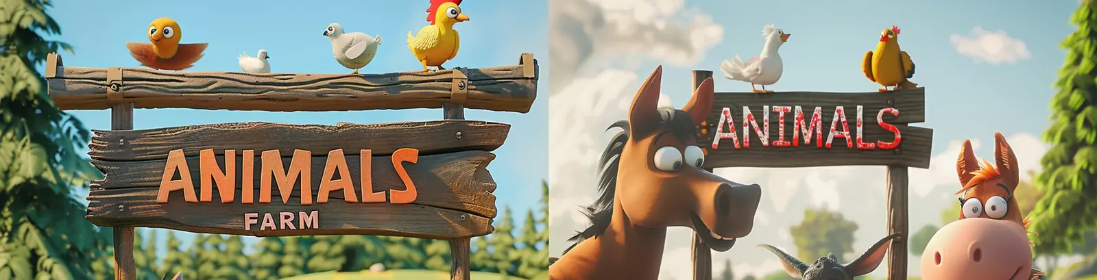 手绘3D立体卡通动物欢乐农场动画片场景插图海报midjourney关键词咒语