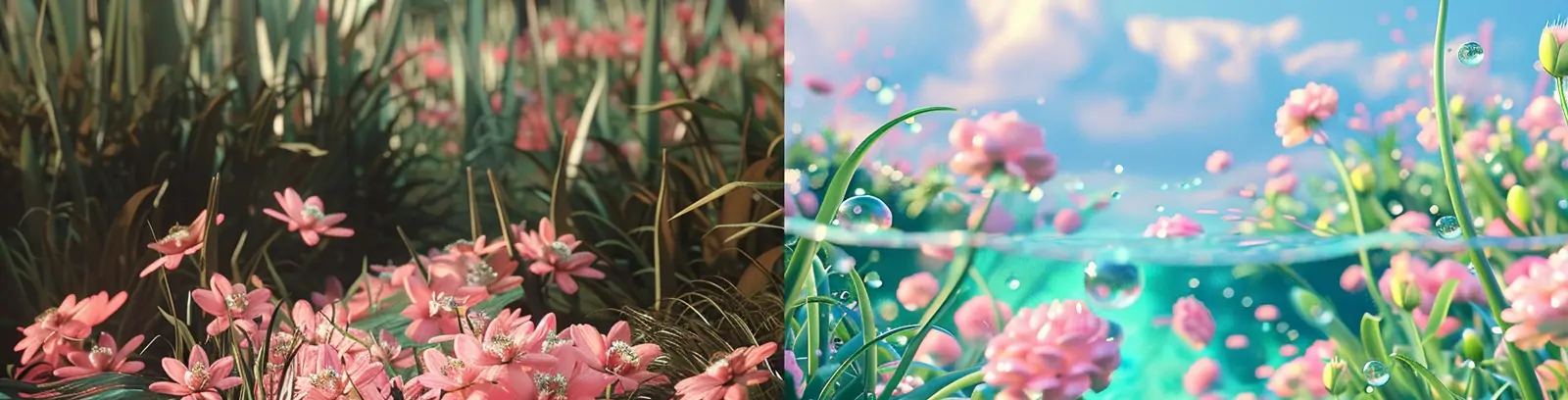 唯美粉色绿色春天鲜花植物草地虚拟世界梦幻场景视觉海报背景midjourney关键词咒语