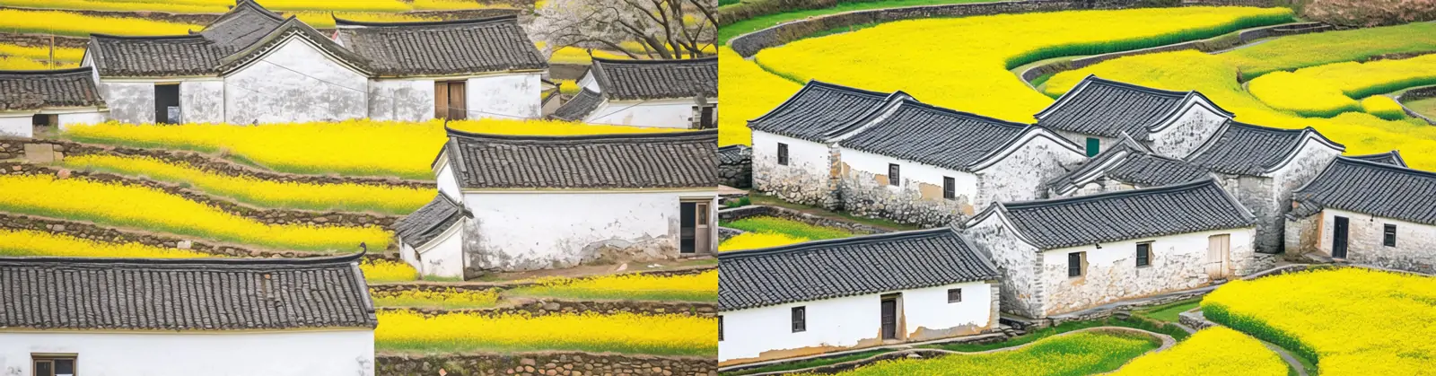 手绘自然田园金黄油菜花房屋建筑艺术插图海报midjourney关键词咒语