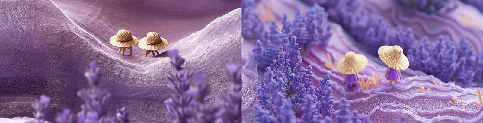 创意紫色缎面织物丝绸薰衣草花田波浪戴草帽人物微型世界场景海报midjourney关键词咒语