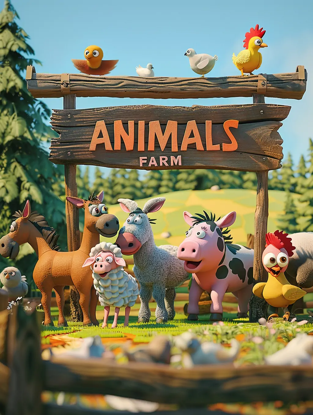 手绘3D立体卡通动物欢乐农场动画片场景插图海报midjourney关键词咒语 - Ai宇宙吧--Ai宇宙吧-