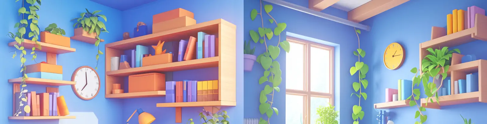 手绘卡通室内儿童卧室书房学习桌书架家居装饰场景插图海报midjourney关键词咒语