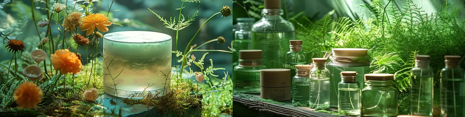 天然绿色有机植物化妆品护肤品产品拍摄场景海报背景midjourney关键词咒语