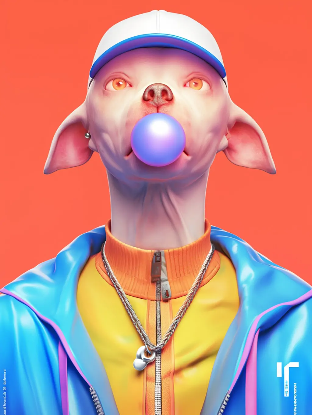 创意时尚潮流嘻哈吹泡泡糖的狗狗拟人化人物头像摄影海报midjourney关键词咒语 - Ai宇宙吧--Ai宇宙吧-