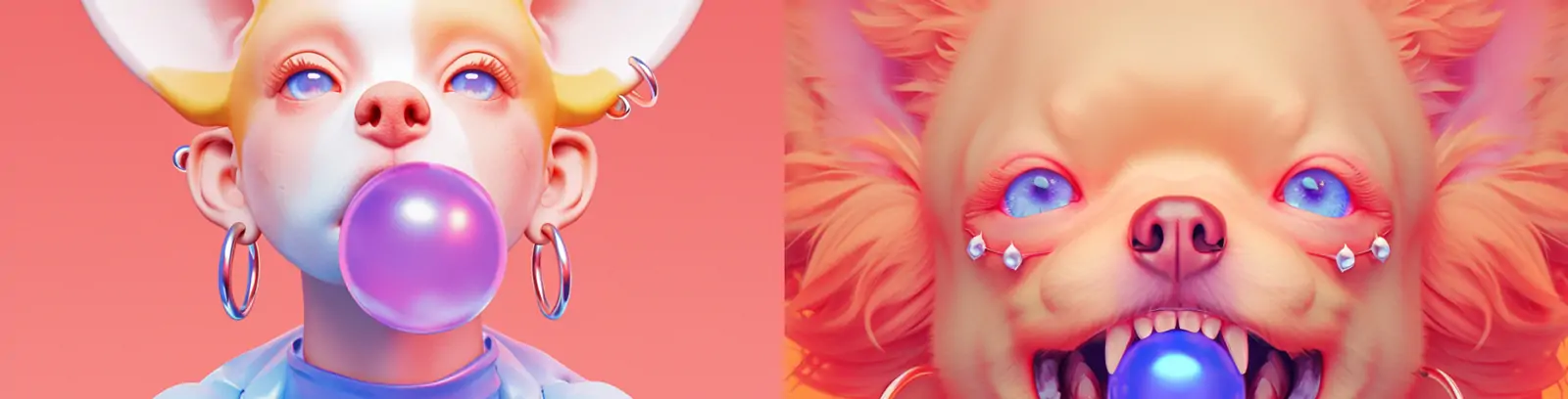 创意时尚潮流嘻哈吹泡泡糖的狗狗拟人化人物头像摄影海报midjourney关键词咒语